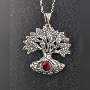 925 Sterling Silver Vintage Carved Tree Of Life Tourmaline Pendant Necklace